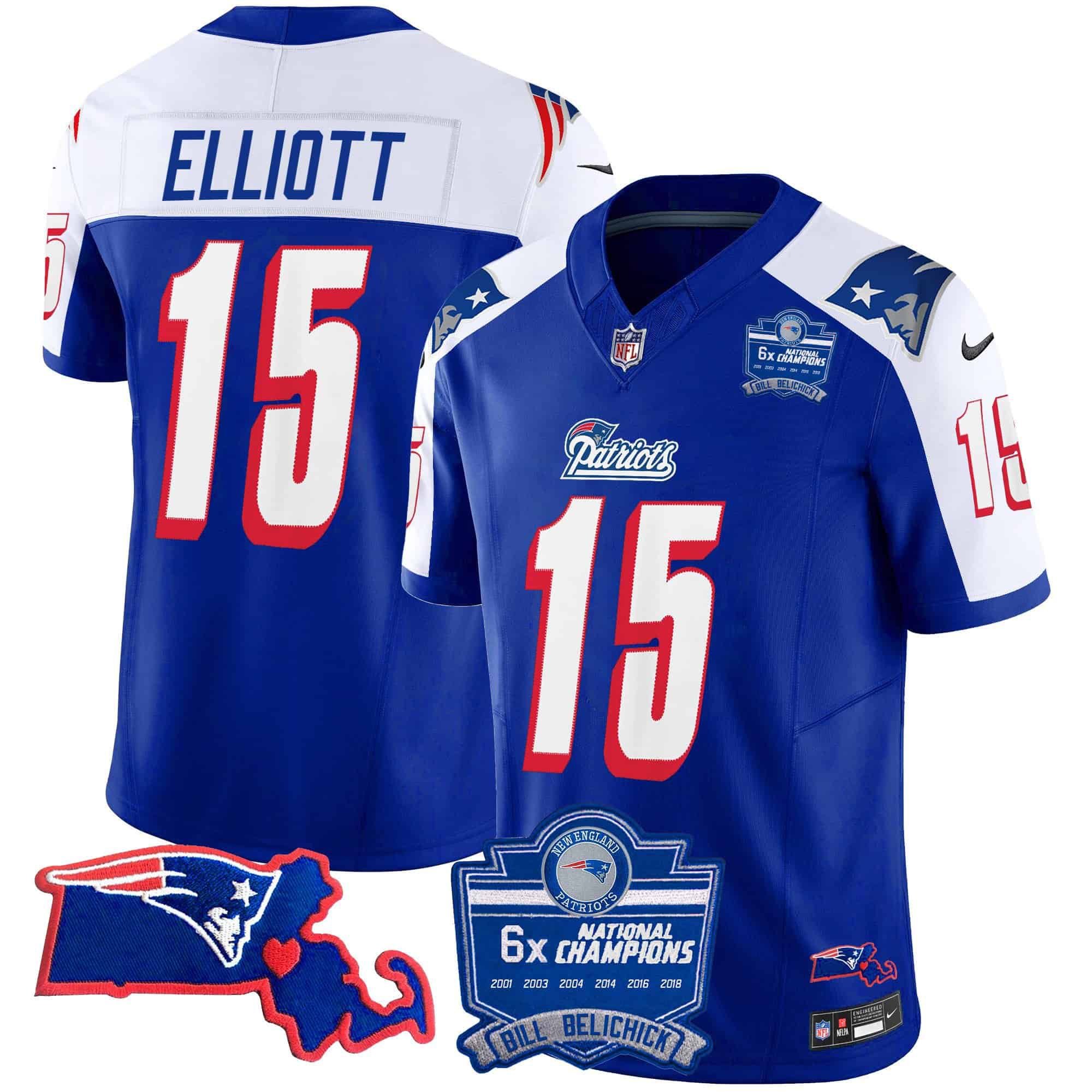 Men New England Patriots #15 Elliott Blue 2024 Nike 6x Champions Patch Vapor Limited NFL Jersey